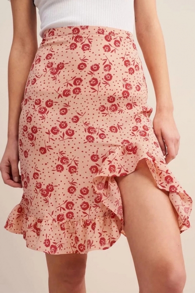 Womens Sexy Floral Print High Waist Split Ruffle Hem Zip-Back Mini A-Line Skirt