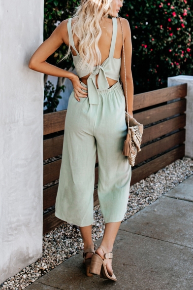 Womens Summer Fancy Light Green Sleeveless Bow-Back V-Neck Button Front Casual Jumpsuits