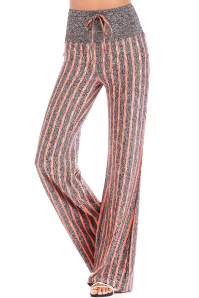 Womens Summer Hot Fashion Tie-Waist Striped Print Wide-Leg Fold Over Yoga Pants