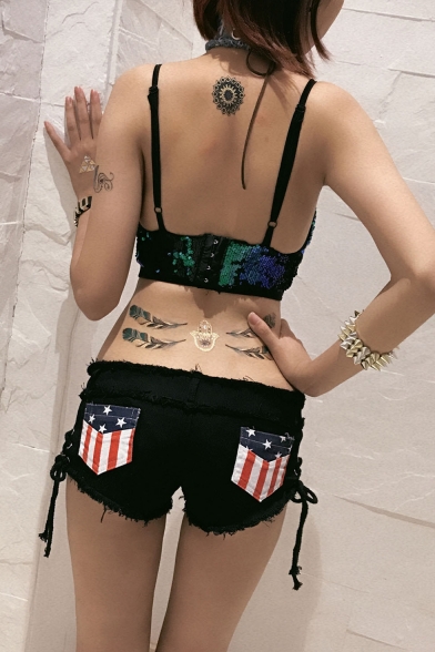 Womens Summer Unique Flag Pocket Back Sexy Lace-Up Side Fringed Hem Skinny Fit Hot Pants Denim Shorts