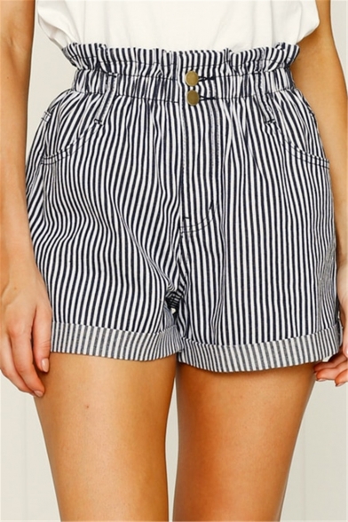 Womens Trendy Black and White Pinstriped Print Rolled Cuff Fitted Shorts