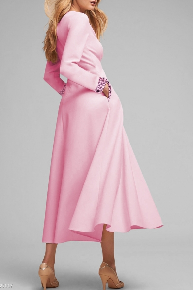 Womens Trendy Boutique Round Neck Long Sleeve Button Side Patchwork Maxi Pink Swing Dress