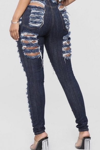 Womens Unique Sexy Hollow Out Distressed Ripped Hole Blue Super Skinny Jeans
