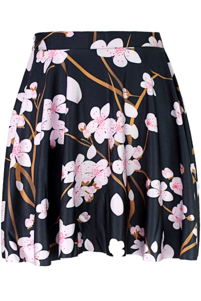 Black Chic Floral Pattern High Rise Mini A-Line Pleated Skirt