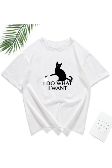 Cartoon Cat Letter MAMA NEEDS WINE Print White Loose Graphic Tee