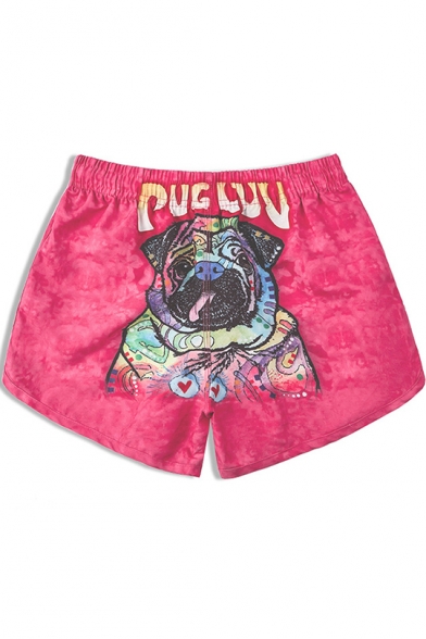 Cartoon Dog Print Back Drawcord Waist Quick Dry Pink Casual Loose Beach Shorts with Liner