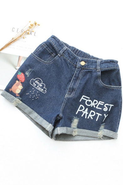 Cartoon Letter FOREST PARTY Ripped Rolled Cuff Blue Denim Shorts for Girls