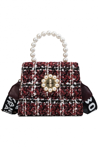 Chic Plaid Pattern Pearl Embellishment Letter Wide Strap Satchel Shoulder Handbag 20*16*9 CM