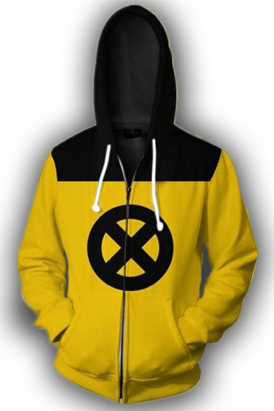 Comic X Circle Printed Yellow Long Sleeve Drawstring Zip Up Hoodie