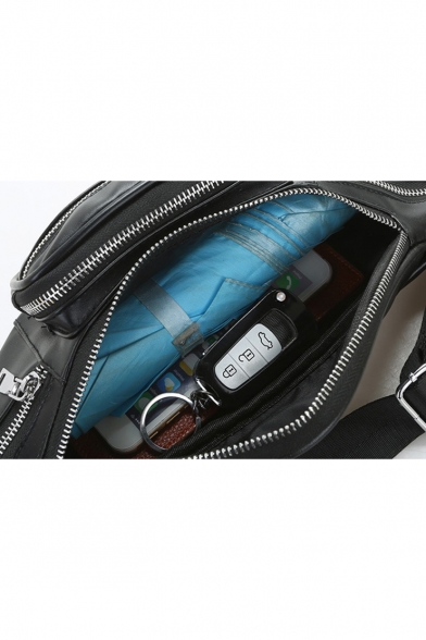 Cool Fashion Multi-zipper Solid Color Black Leather Waist Belt Bag 33*9*14 CM