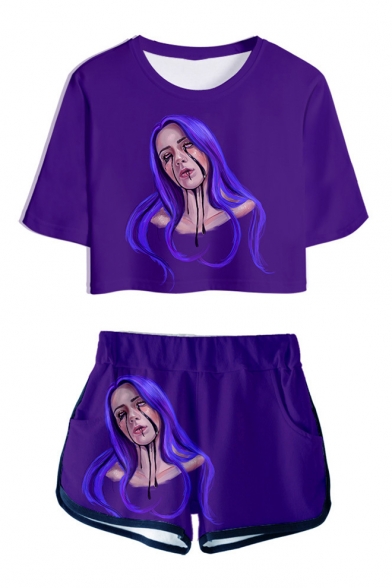 Cool Purple Bleeding Girl Pattern Short Sleeve Crop Tee with Loose Dolphin Shorts Two-Piece Set