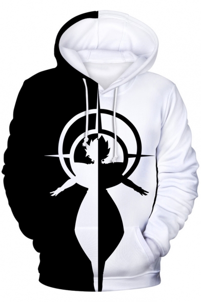 Cool Unique Comic Black and White Figure Printed Long Sleeve Pullover Hoodie