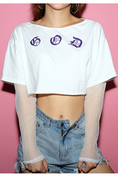 Cool Unique Letter GOD Print Hollow Mesh Patched Long Sleeve White Loose Cropped Tee
