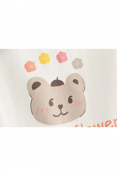 Cute Cartoon Bear Letter LIFE WITH FLOWER Pattern Round Neck Short Sleeve Casual Tee