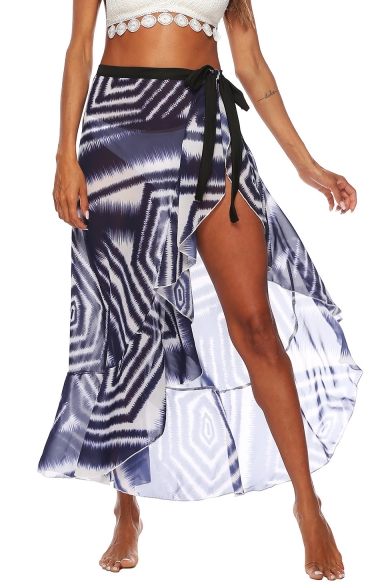 Fashion Blue Abstract Printed Ruffled Hem Maxi Chiffon Beach Wrap Skirt
