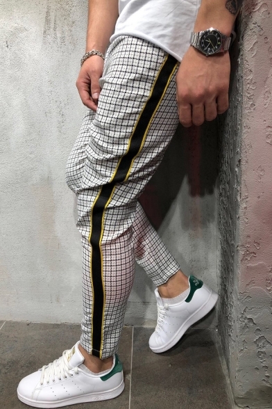 Fashion Plaid Pattern Contrast Knit Trim Striped Patched Pencil Pants