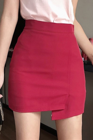 Fashion Sweet Womens High Waist Zip-Back Asymmetric Hem A-Line Mini Skirt