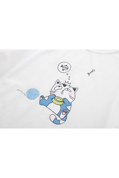 Funny Cute Cartoon Cat Printed Lace-Up Short Sleeve Loose Fit T-Shirt