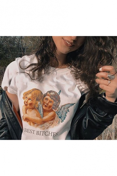 Funny Letter BEST BITCHES Angel Baby Print Round Neck Short Sleeve White T-Shirt
