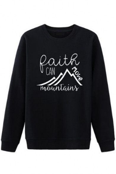 Funny Letter FAITH CAN MOVE MOUNTAINS Print Round Neck Long Sleeve Pullover Sweatshirt