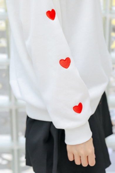 Girls Cute Sweet Heart Embroidery Long Sleeve Casual Loose Sweatshirt