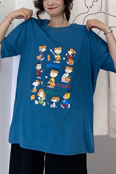 Girls Summer Cartoon Comic Character Printed Round Neck Oversized T-Shirt