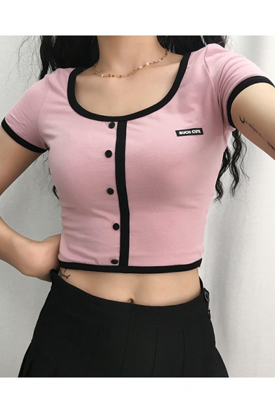 Girls Summer Chic Contrast Trim Scoop Neck Short Sleeve Button Embellished Slim Pink Crop Tee