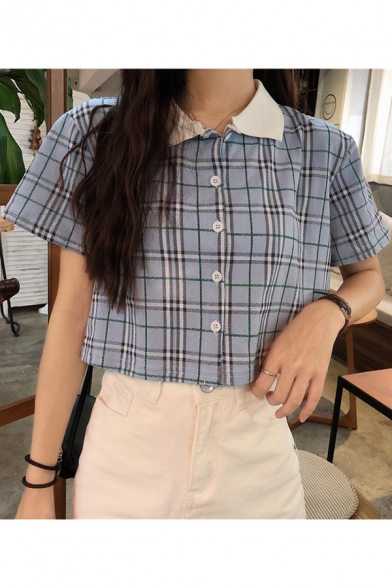 Girls Summer Fancy Plaid Print Short Sleeve Button Down Casual Crop Shirt