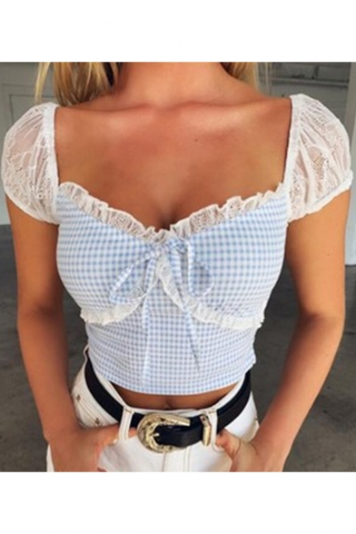 Girls Summer Fashion Plaid Printed Lace-Trimmed Square Neck Cap Sleeve Cropped Slim Tee