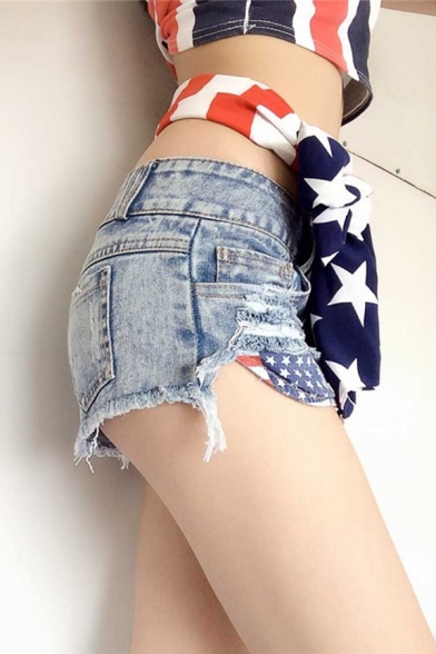 Girls Summer Sexy Low-Rise Raw Hem Night Club Blue Hot Pants Denim Shorts