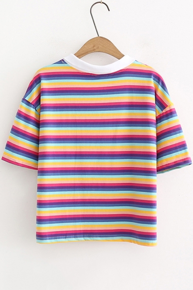 Girls Sweet Embroidery Striped Print Short Sleeve Crop Polo Shirt