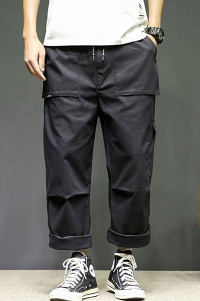 Guys New Fashion Simple Plain Multi-pocket Straight Loose Cotton Cargo Pants