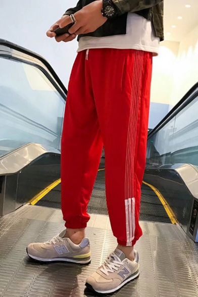Guys New Stylish Contrast Stripe Side Drawstring Waist Elastic Cuffs Casual Relaxed Track Pants