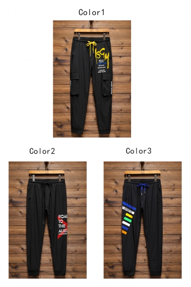 Guys Trendy Letter Printed Drawstring Waist Casual Loose Sports Cargo Pants with Side Pockets