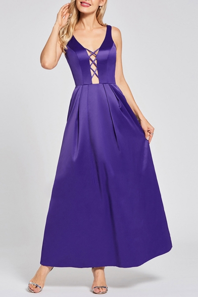 Hot Fashion Sexy V-Neck Cutout Front Sleeveless Maxi Swing Evening Gown Dress