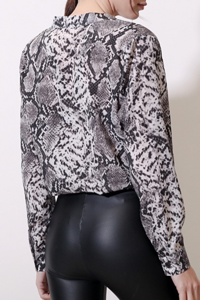 Hot Popular Leopard Print Plunge V Neck Stand Collar Long Sleeve Chic Shirts