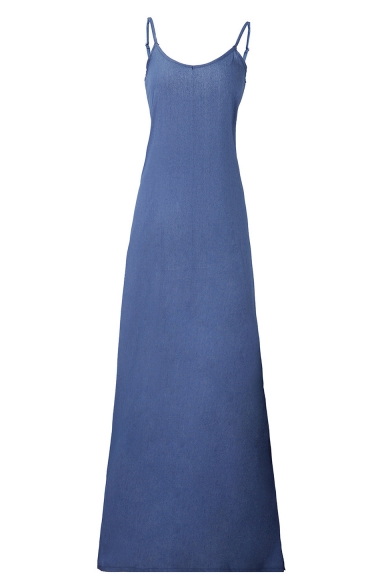 Hot Popular Simple Solid Color V-Neck Sleeveless Floor Length Maxi Denim Blue Cami Dress