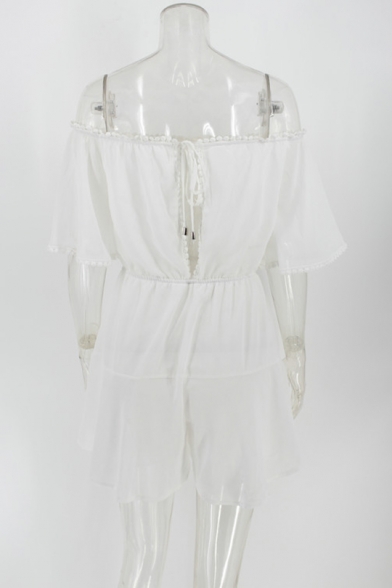 White Drawstring Waist Off Shoulder Crochet-Trimmed Short Sleeve Casual Loose Romper for Womens