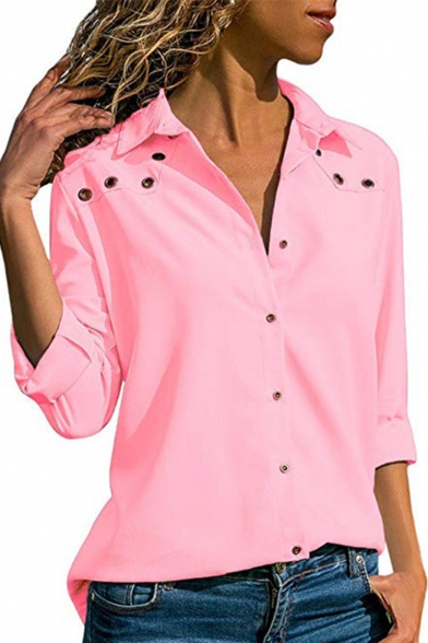Hot Stylish Womens Plain Button Down Eyelet Embellished Long Sleeve Chiffon Shirts