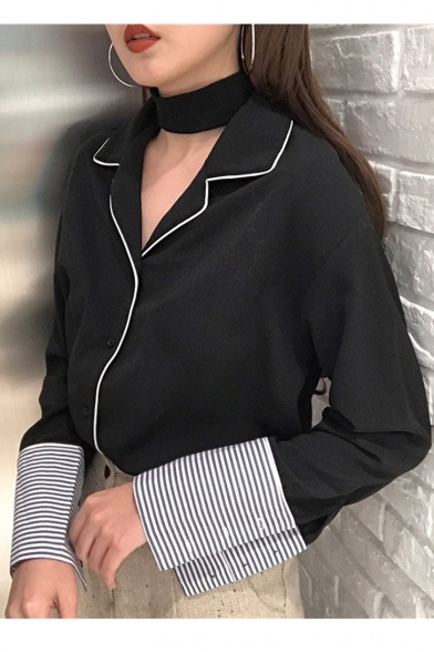 Hot Trendy Womens Lapel Collar Contrast Trim Striped Long Sleeve Button Front Loose Chiffon Sleeve