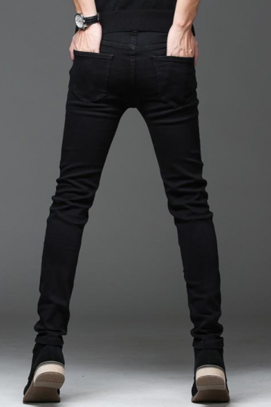 Men's Basic Fashion Plain Denim Washed Ripped Detail Casual Slim Jeans
