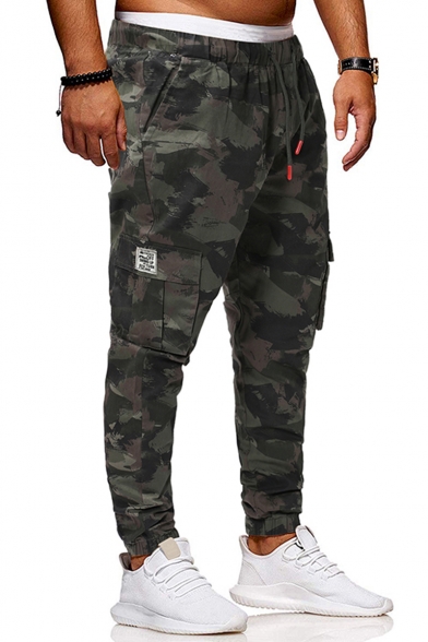 Men's Cool Fashion Camouflage Printed Drawstring Waist Casual Cargo Pants with Side Flap Pocket