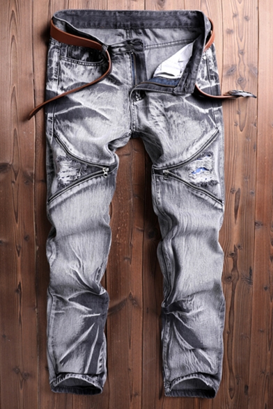 Men's Cool Fashion Unique Denim Washed Zipper Embellished Trendy Biker Jeans