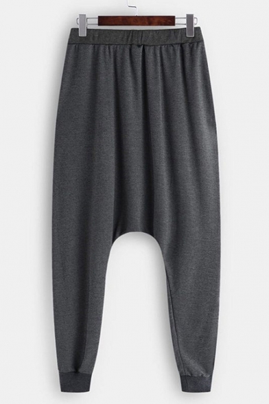 Men's Fashion Simple Plain Drawstring Waist Drop-Crotch Joggers Harem Pants