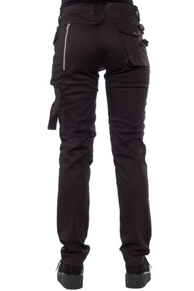 Men's Fashion Unique Buckle Design Double Zipper Embellished Slim Fit Plain Pencil Pants