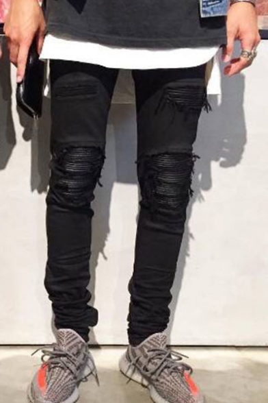 Men's Hot Fashion Pleated Patch Skinny Frayed Ripped Biker Jeans