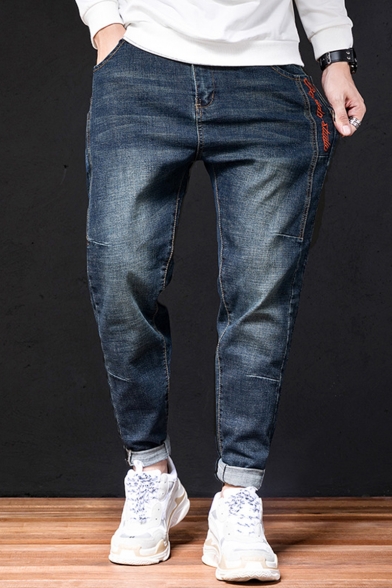 Men's New Fashion Letter Embroidery Detail Casual Loose Tapered Jeans