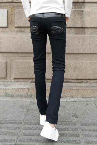 Men's New Fashion Letter Ribbon Rivet Zipper Embellished Black Slim Leather Pants