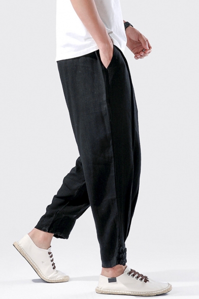 Men's New Fashion Simple Plain Drawstring Waist Frog Button Gathered Cuff Casual Loose Tapered Pants
