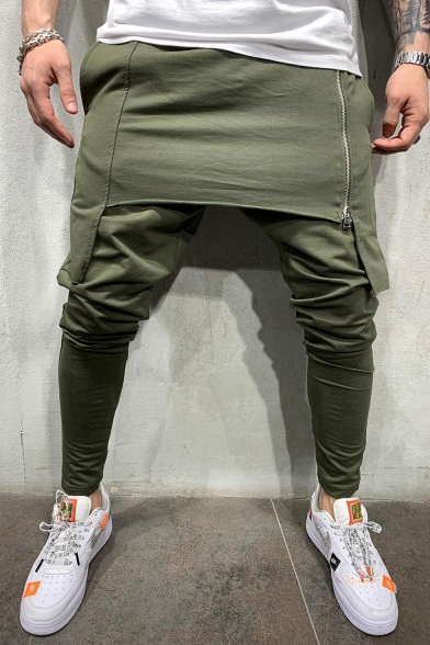 Men's New Fashion Solid Color Patched Zipper Embellishment Casual Cotton Pencil Pants